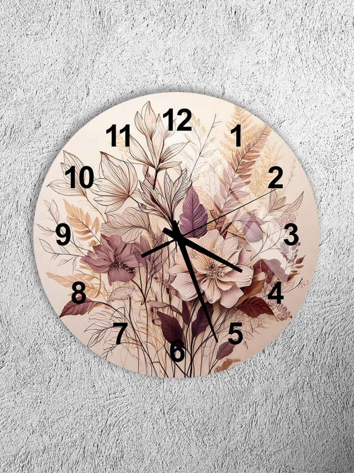 KIRILMAZ CAM DUVAR SAATİ, HEM TABLO HEM SAAT BEJ TON BOTANİK ÇİÇEK DESEN EV OFİS HEDİYESİ
