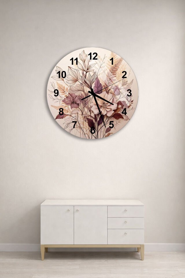 KIRILMAZ CAM DUVAR SAATİ, HEM TABLO HEM SAAT BEJ TON BOTANİK ÇİÇEK DESEN EV OFİS HEDİYESİ