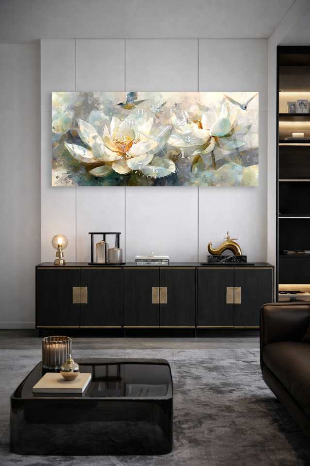 KIRILMAZ CAM DUVAR SAATİ , HEM TABLO HEM SAAT BEYAZ ÇİÇEK SANATSAL ZARİF TASARIM EV OFİS HEDİYESİ