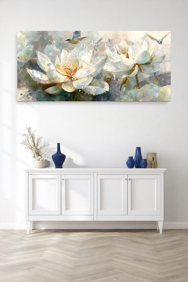 KIRILMAZ CAM DUVAR SAATİ , HEM TABLO HEM SAAT BEYAZ ÇİÇEK SANATSAL ZARİF TASARIM EV OFİS HEDİYESİ