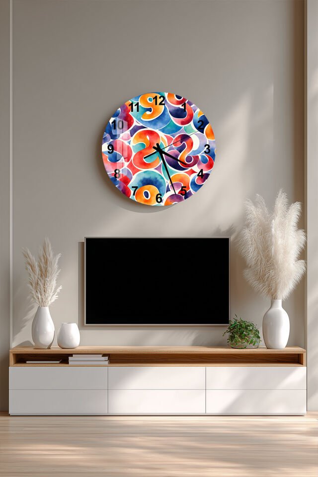KIRILMAZ CAM DUVAR SAATİ, HEM TABLO HEM SAAT RENKLİ SOYUT DAİRE DESEN EV OFİS HEDİYESİ