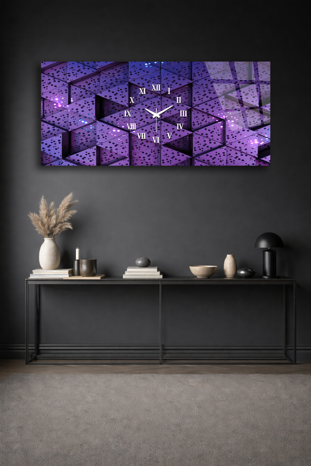 KIRILMAZ CAM DUVAR SAATİ , HEM TABLO HEM SAAT MOR GEOMETRİK IŞIK DESEN TASARIM EV OFİS HEDİYESİ
