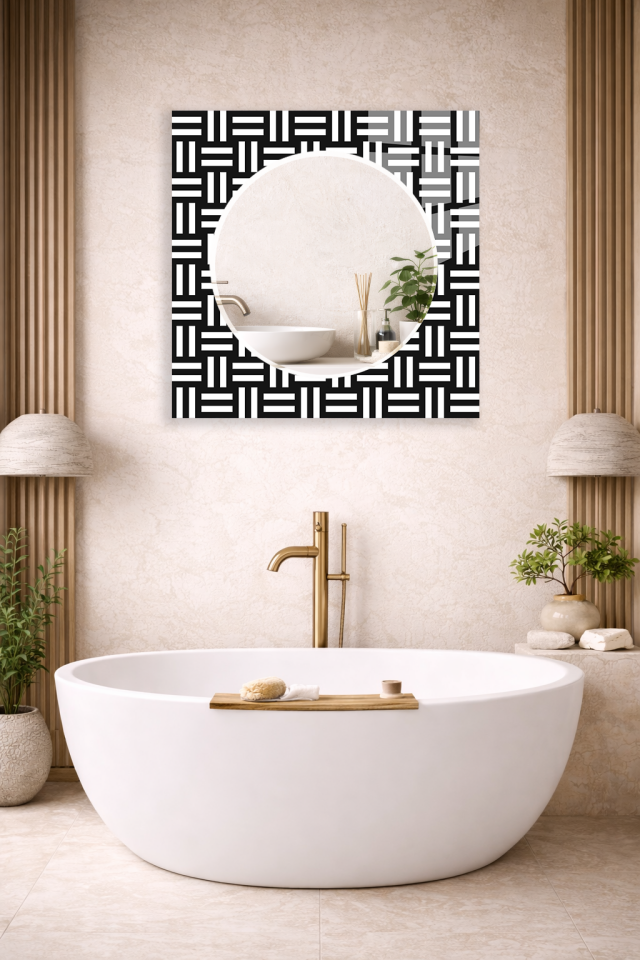 HEM TABLO HEM AYNA SİYAH BEYAZ GEOMETRİK MODERN DESEN CAM DUVAR AYNASI EV DEKORU