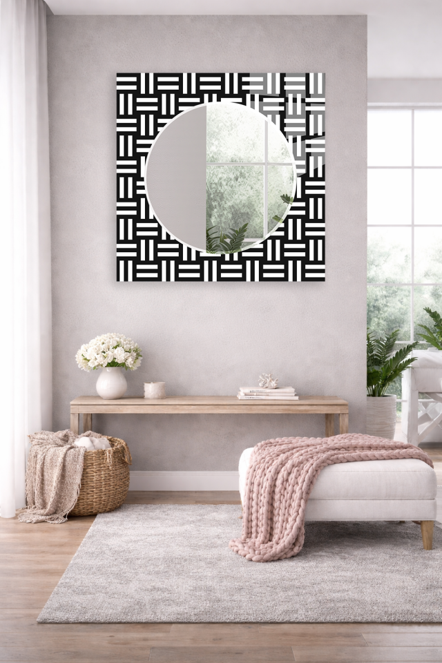 HEM TABLO HEM AYNA SİYAH BEYAZ GEOMETRİK MODERN DESEN CAM DUVAR AYNASI EV DEKORU