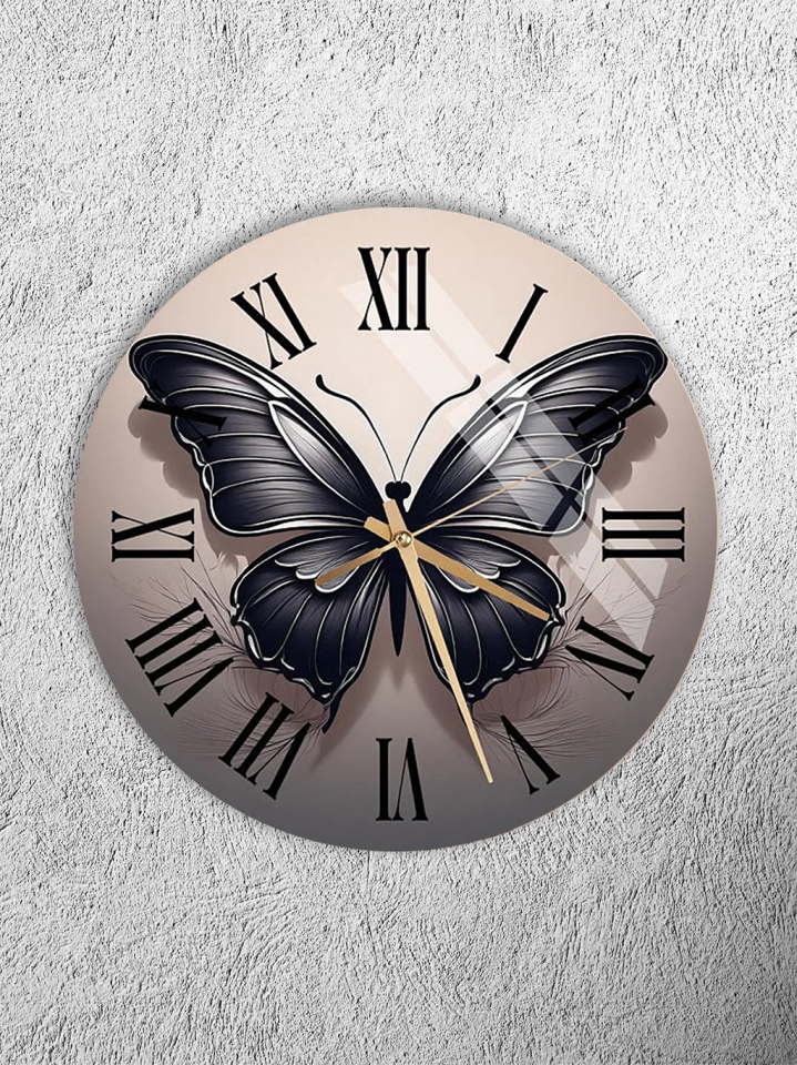 KIRILMAZ CAM DUVAR SAATİ, HEM TABLO HEM SAAT SİYAH KELEBEK FİGÜRLÜ MODERN EV OFİS HEDİYESİ