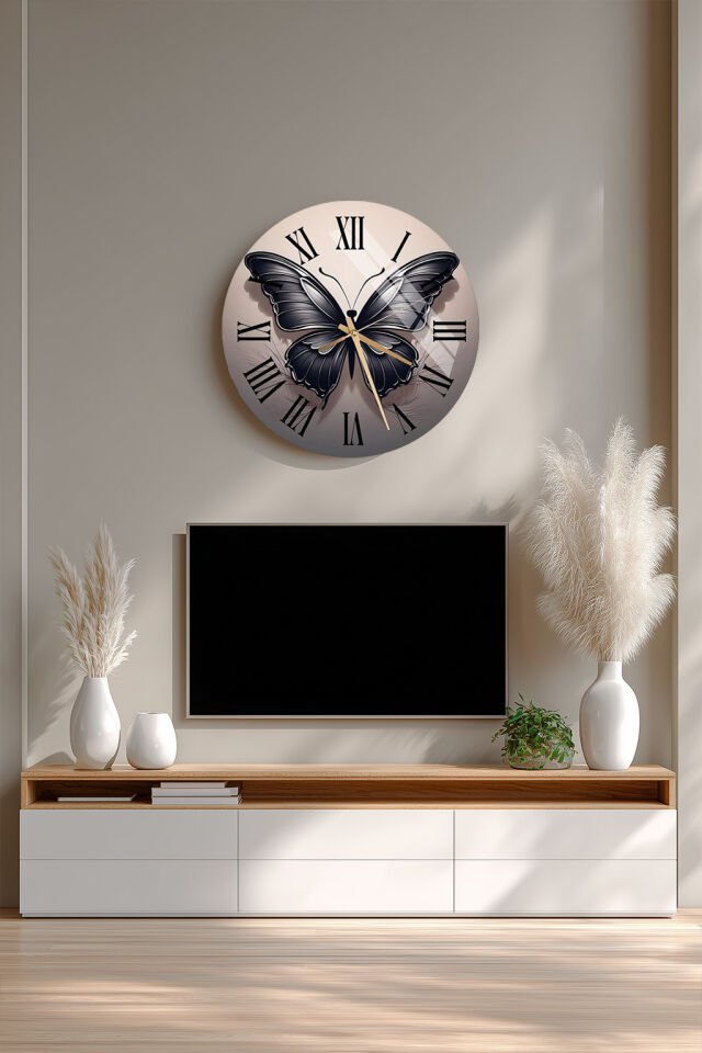 KIRILMAZ CAM DUVAR SAATİ, HEM TABLO HEM SAAT SİYAH KELEBEK FİGÜRLÜ MODERN EV OFİS HEDİYESİ