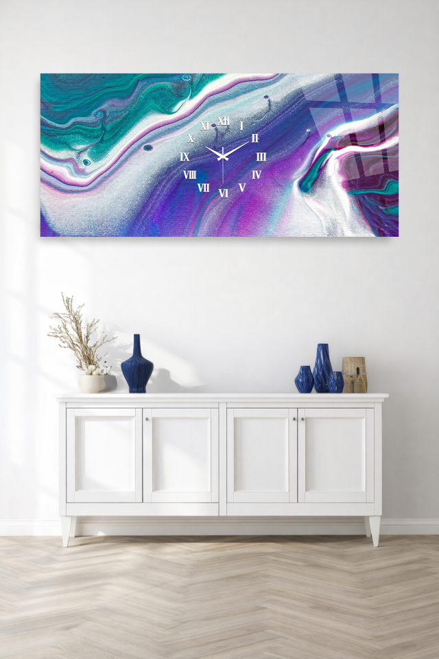 KIRILMAZ CAM DUVAR SAATİ , HEM TABLO HEM SAAT TURKUAZ MOR MERMER AKIŞ TASARIM EV OFİS HEDİYESİ
