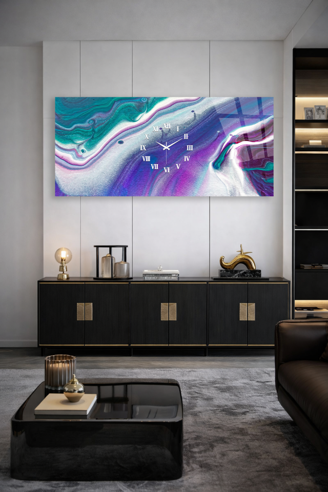 KIRILMAZ CAM DUVAR SAATİ , HEM TABLO HEM SAAT TURKUAZ MOR MERMER AKIŞ TASARIM EV OFİS HEDİYESİ