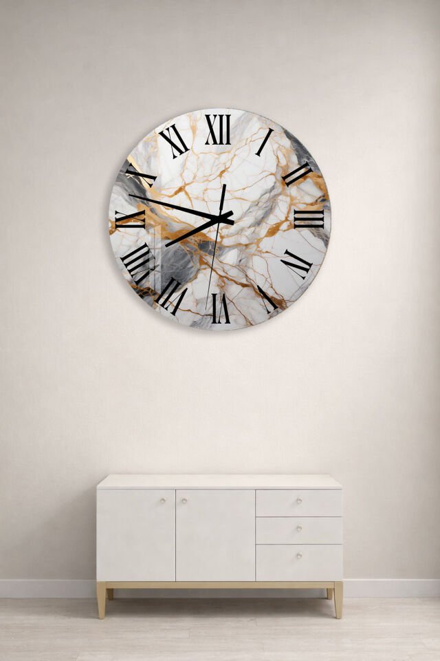 KIRILMAZ CAM DUVAR SAATİ, HEM TABLO HEM SAAT BEYAZ MERMER ALTIN DAMARLI ROMEN RAKAM EV OFİS HEDİYESİ