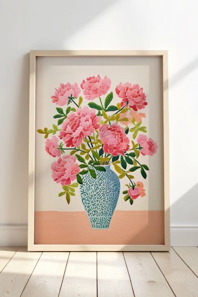 DOĞAL AHŞAP - Doğal Ahşap çerçeveli Boho Bahar Çiçek Vazosu Duvar Sanatı tablosu