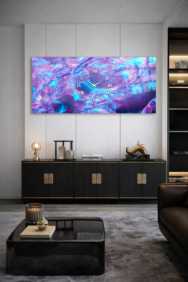 KIRILMAZ CAM DUVAR SAATİ , HEM TABLO HEM SAAT SOYUT MOR MAVİ AKIŞ TASARIM EV OFİS HEDİYESİ