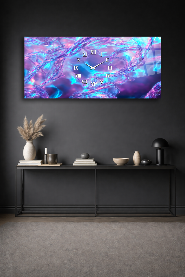 KIRILMAZ CAM DUVAR SAATİ , HEM TABLO HEM SAAT SOYUT MOR MAVİ AKIŞ TASARIM EV OFİS HEDİYESİ