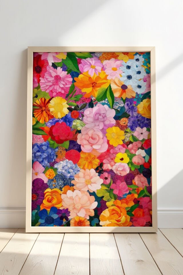 DOĞAL AHŞAP - Doğal ahşap çerçeveli Çiçek Bahçesi İllüstrasyonu duvar tablosu