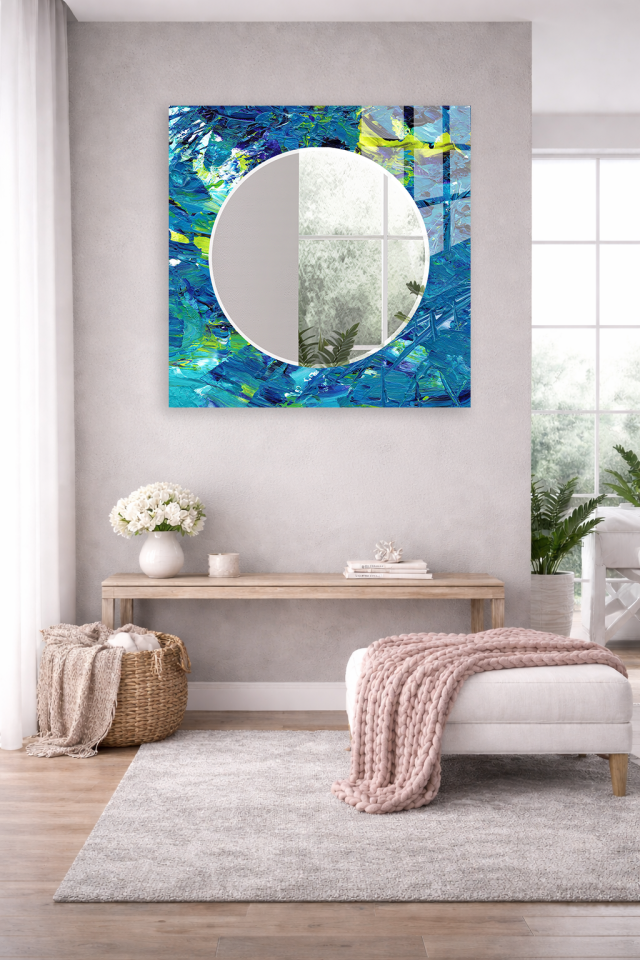 HEM TABLO HEM AYNA MAVİ FIRÇA DARBELİ SANATSAL DESEN CAM DUVAR AYNASI EV DEKORU