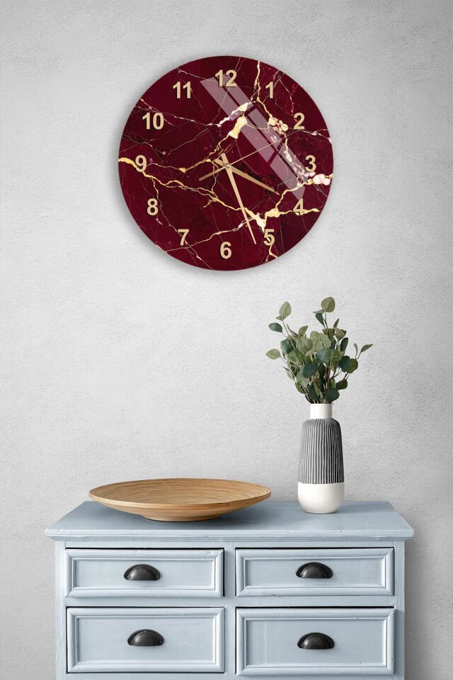 KIRILMAZ CAM DUVAR SAATİ, HEM TABLO HEM SAAT BORDO MERMER ALTIN DAMARLI LÜKS EV OFİS HEDİYESİ