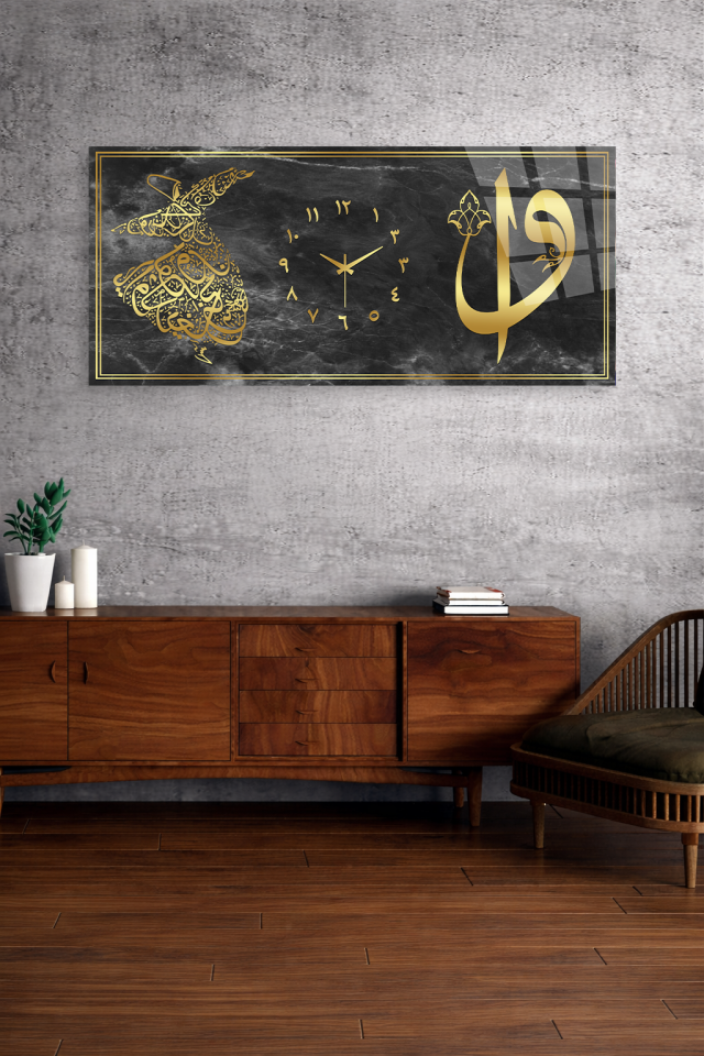 KIRILMAZ CAM DUVAR SAATİ , HEM TABLO HEM SAAT OSMANLI ARMALI SİYAH ALTIN TASARIM EV OFİS HEDİYESİ