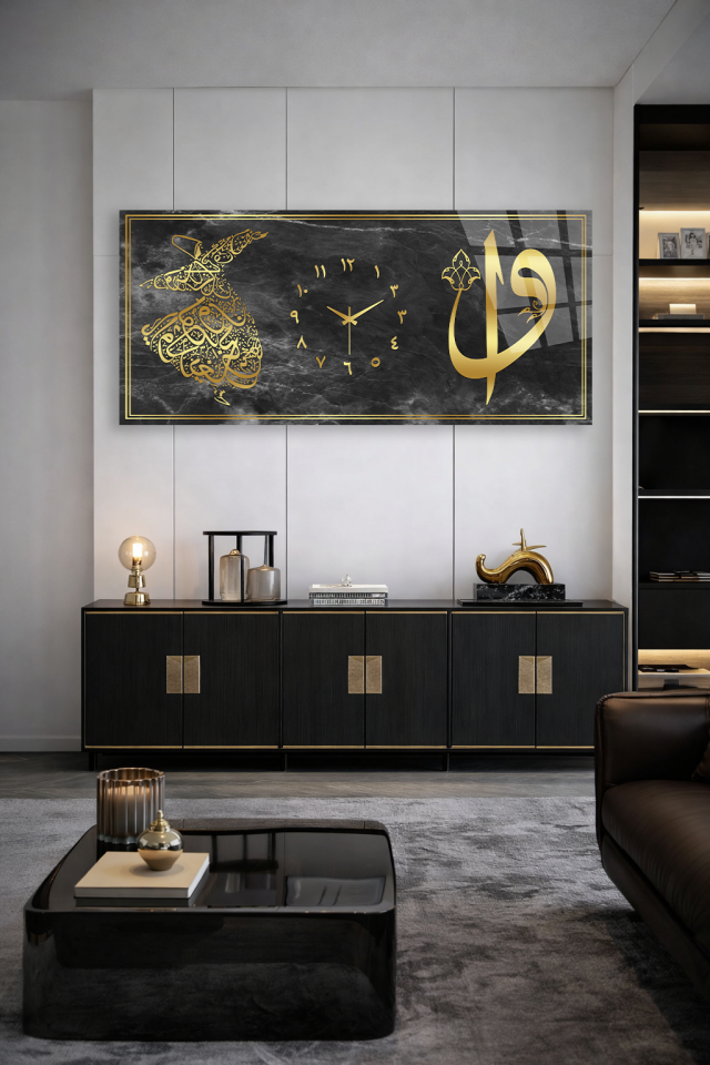 KIRILMAZ CAM DUVAR SAATİ , HEM TABLO HEM SAAT OSMANLI ARMALI SİYAH ALTIN TASARIM EV OFİS HEDİYESİ