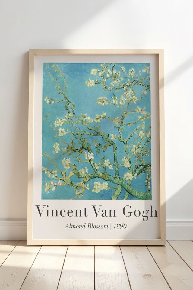 DOĞAL AHŞAP - Vincent Van Gogh Badem Çiçeği 1890 Vintage Doğal Ahşap Çerçeveli Duvar Tablosu