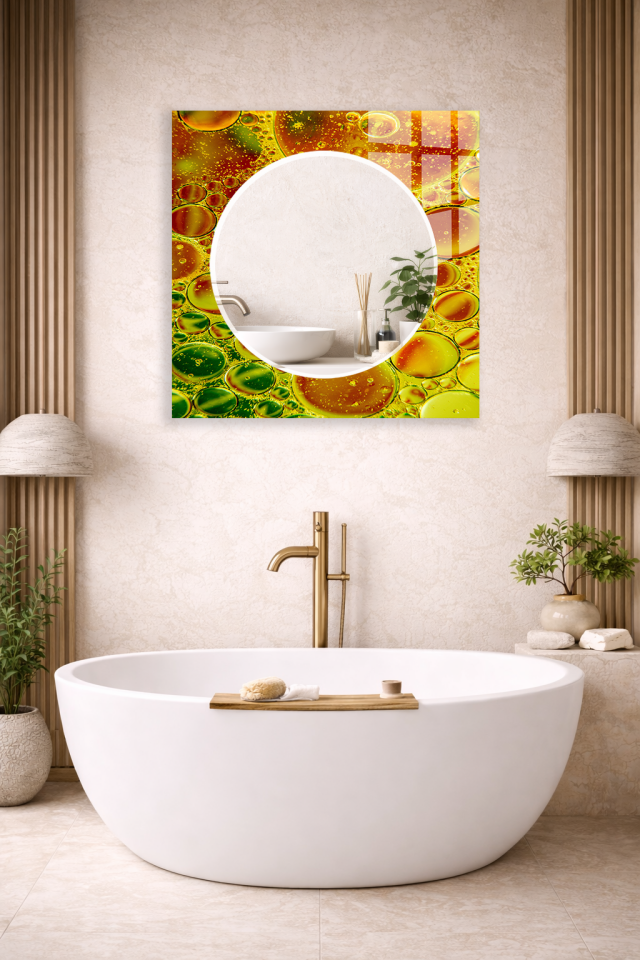 HEM TABLO HEM AYNA SARI YEŞİL SIVI SANAT SOYUT DESEN CAM DUVAR AYNASI EV DEKORU