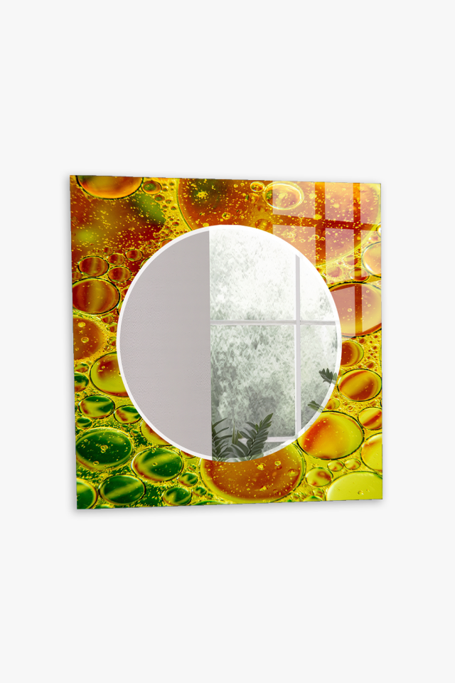 HEM TABLO HEM AYNA SARI YEŞİL SIVI SANAT SOYUT DESEN CAM DUVAR AYNASI EV DEKORU