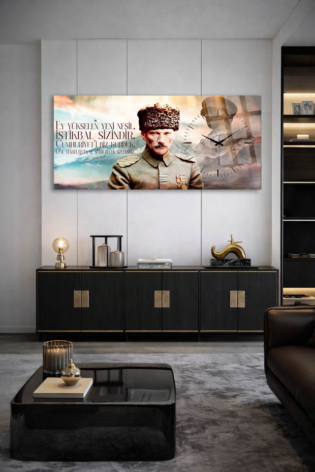 KIRILMAZ CAM DUVAR SAATİ , HEM TABLO HEM SAAT ATATÜRK GENÇLİĞE HİTABE TEMALI EV OFİS HEDİYESİ