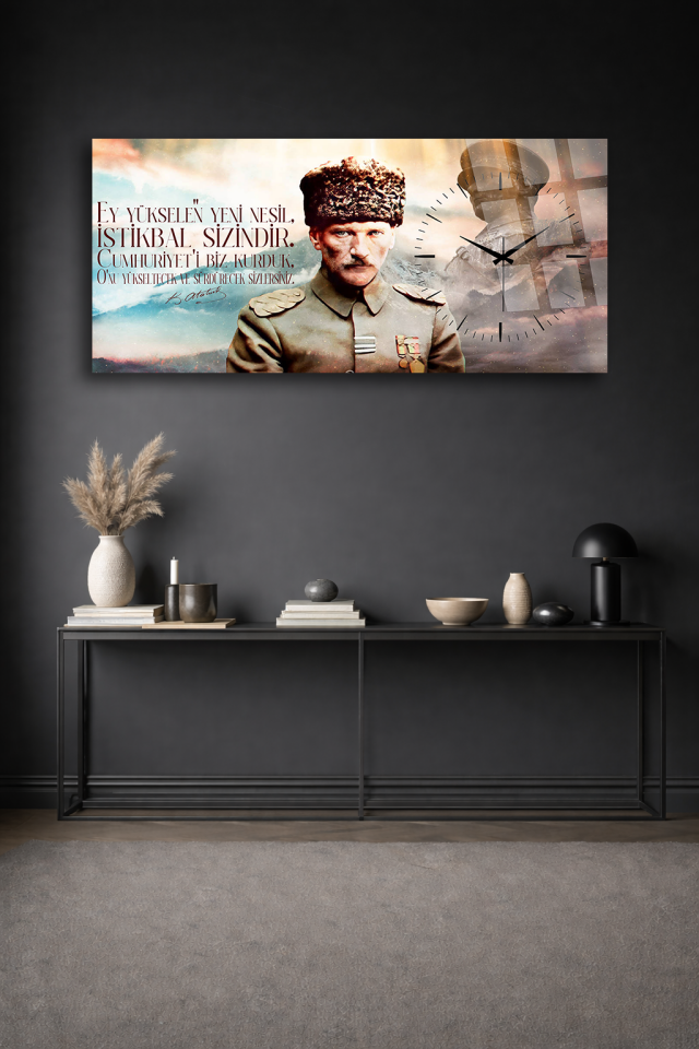 KIRILMAZ CAM DUVAR SAATİ , HEM TABLO HEM SAAT ATATÜRK GENÇLİĞE HİTABE TEMALI EV OFİS HEDİYESİ