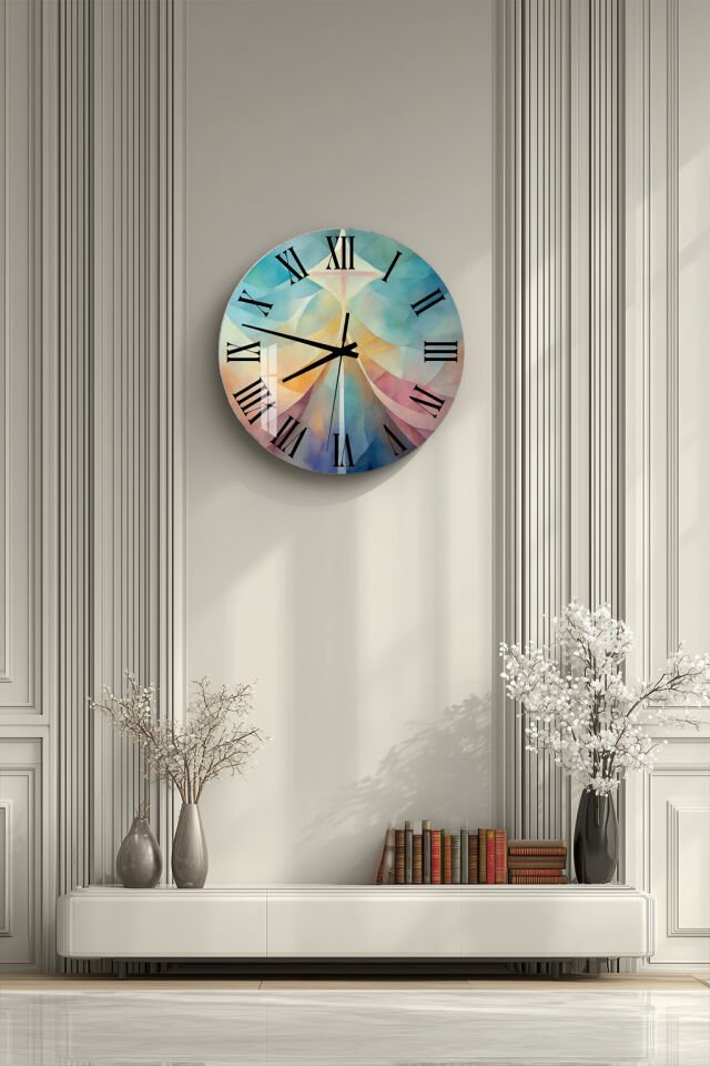 KIRILMAZ CAM DUVAR SAATİ, HEM TABLO HEM SAAT PASTEL SOYUT AKIŞ ROMEN RAKAM EV OFİS HEDİYESİ