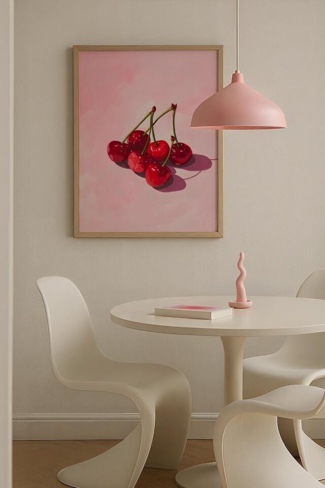 DOĞAL AHŞAP - İki Kiraz Pembe Minimal Trendy Maksimalist Sanatı Ahşap Çerçeveli Duvar Tablosu