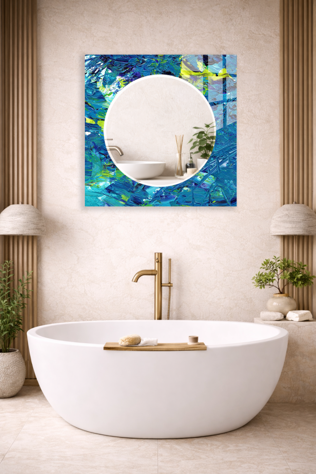 HEM TABLO HEM AYNA MAVİ FIRÇA DARBELİ SANATSAL DESEN CAM DUVAR AYNASI EV DEKORU