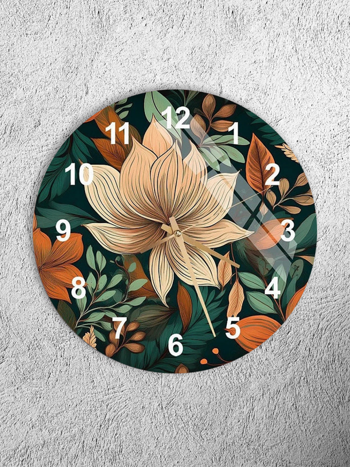 KIRILMAZ CAM DUVAR SAATİ, HEM TABLO HEM SAAT BOTANİK ÇİÇEK DESEN DOĞAL EV OFİS HEDİYESİ
