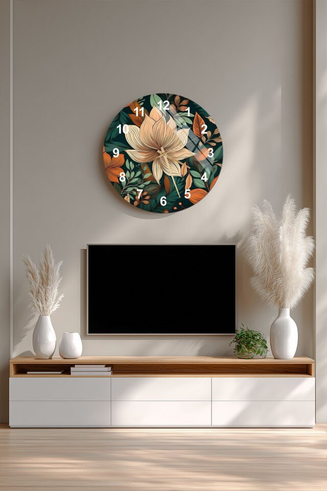KIRILMAZ CAM DUVAR SAATİ, HEM TABLO HEM SAAT BOTANİK ÇİÇEK DESEN DOĞAL EV OFİS HEDİYESİ