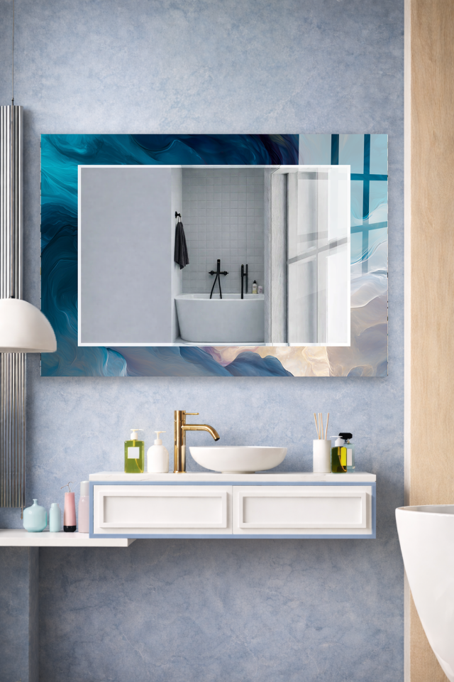 HEM TABLO HEM AYNA MAVİ MERMER SOYUT DESEN CAM DUVAR AYNASI EV DEKORU