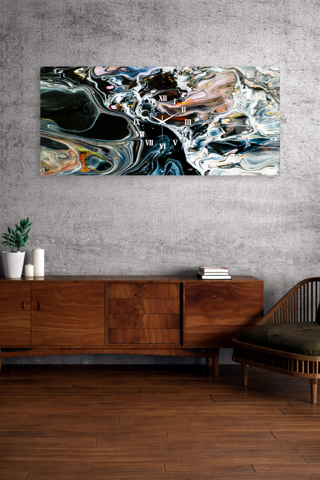 KIRILMAZ CAM DUVAR SAATİ , HEM TABLO HEM SAAT SOYUT MERMER DESEN MODERN TASARIM EV OFİS HEDİYESİ