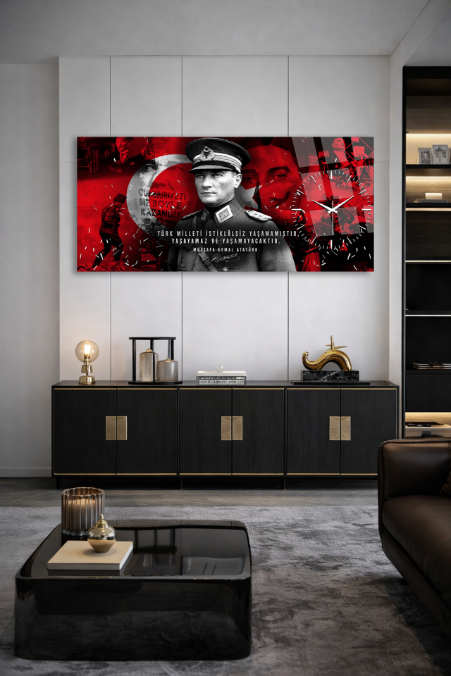 KIRILMAZ CAM DUVAR SAATİ , HEM TABLO HEM SAAT ATATÜRK KIRMIZI KOLAJ TASARIM EV OFİS HEDİYESİ