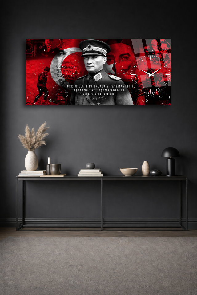 KIRILMAZ CAM DUVAR SAATİ , HEM TABLO HEM SAAT ATATÜRK KIRMIZI KOLAJ TASARIM EV OFİS HEDİYESİ