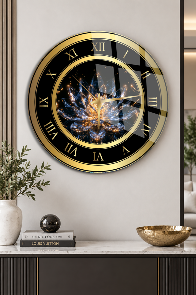 YUVARLAK KIRILMAZ CAM DUVAR SAATİ, HEM TABLO HEM SAAT KRİSTAL LOTUS ÇİÇEĞİ EV OFİS HEDİYESİ