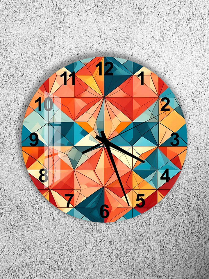 KIRILMAZ CAM DUVAR SAATİ, HEM TABLO HEM SAAT RENKLİ GEOMETRİK ÜÇGEN DESEN EV OFİS HEDİYESİ