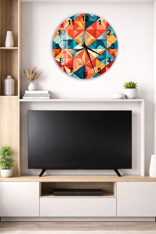 KIRILMAZ CAM DUVAR SAATİ, HEM TABLO HEM SAAT RENKLİ GEOMETRİK ÜÇGEN DESEN EV OFİS HEDİYESİ