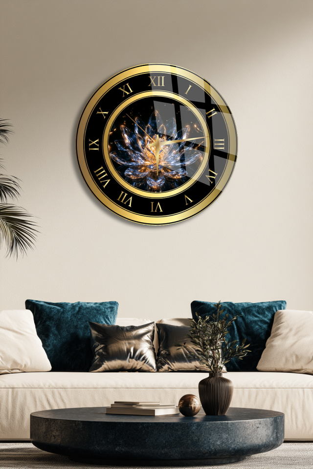 YUVARLAK KIRILMAZ CAM DUVAR SAATİ, HEM TABLO HEM SAAT KRİSTAL LOTUS ÇİÇEĞİ EV OFİS HEDİYESİ