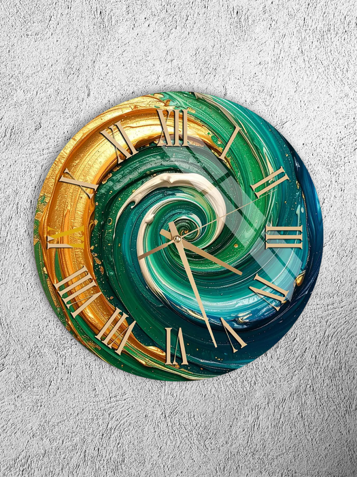KIRILMAZ CAM DUVAR SAATİ, HEM TABLO HEM SAAT YEŞİL MAVİ ALTIN SOYUT SPİRAL EV OFİS HEDİYESİ