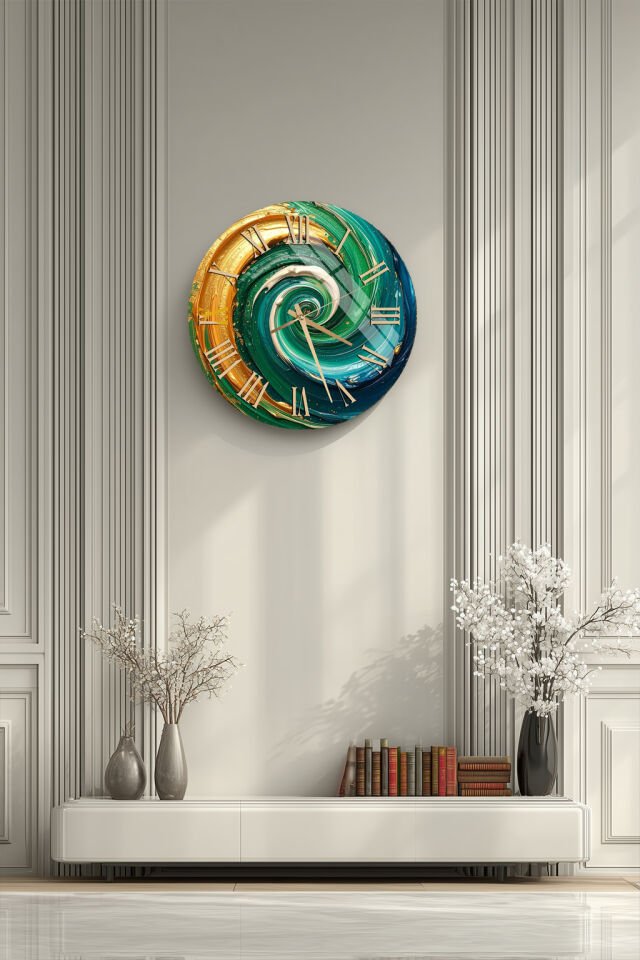 KIRILMAZ CAM DUVAR SAATİ, HEM TABLO HEM SAAT YEŞİL MAVİ ALTIN SOYUT SPİRAL EV OFİS HEDİYESİ
