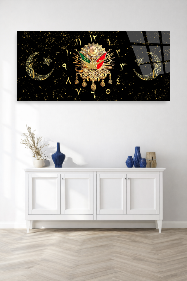 KIRILMAZ CAM DUVAR SAATİ , HEM TABLO HEM SAAT OSMANLI ARMASI AY YILDIZ ALTIN SİYAH EV OFİS HEDİYESİ