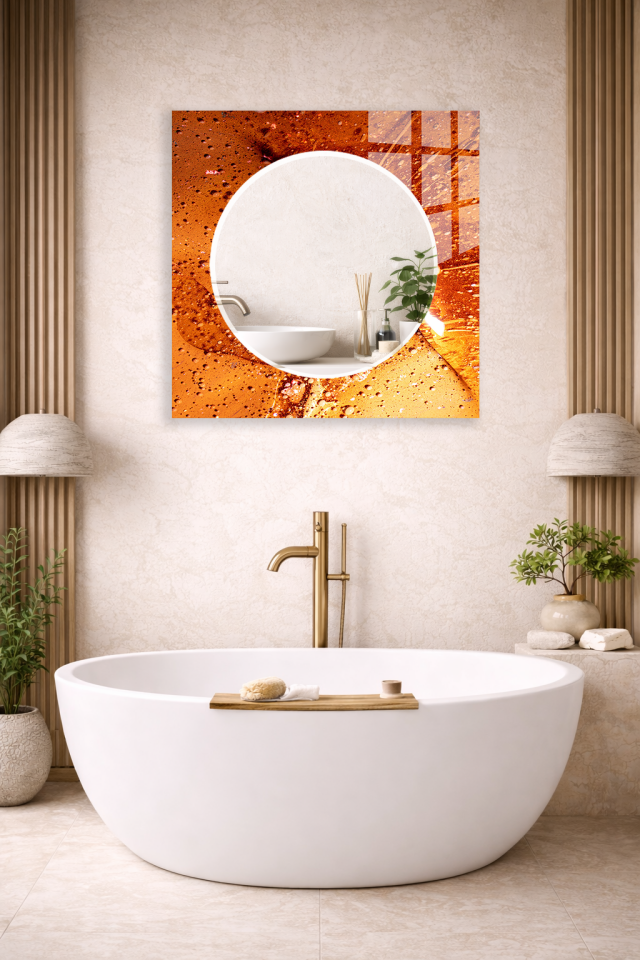 HEM TABLO HEM AYNA TURUNCU DAMLA EFEKTLİ SOYUT DESEN CAM DUVAR AYNASI EV DEKORU