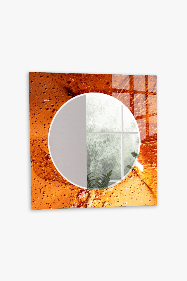 HEM TABLO HEM AYNA TURUNCU DAMLA EFEKTLİ SOYUT DESEN CAM DUVAR AYNASI EV DEKORU