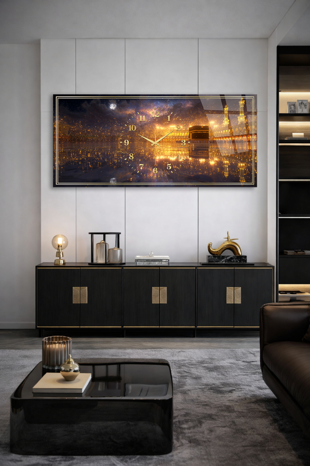 KIRILMAZ CAM DUVAR SAATİ , HEM TABLO HEM SAAT KABE GECE MANZARASI ALTIN TON EV OFİS HEDİYESİ