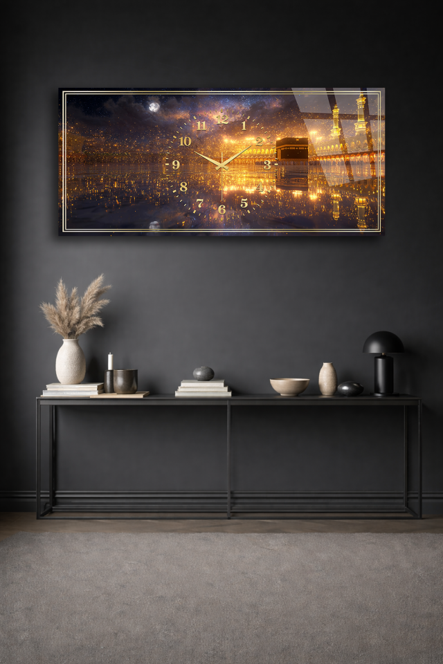 KIRILMAZ CAM DUVAR SAATİ , HEM TABLO HEM SAAT KABE GECE MANZARASI ALTIN TON EV OFİS HEDİYESİ