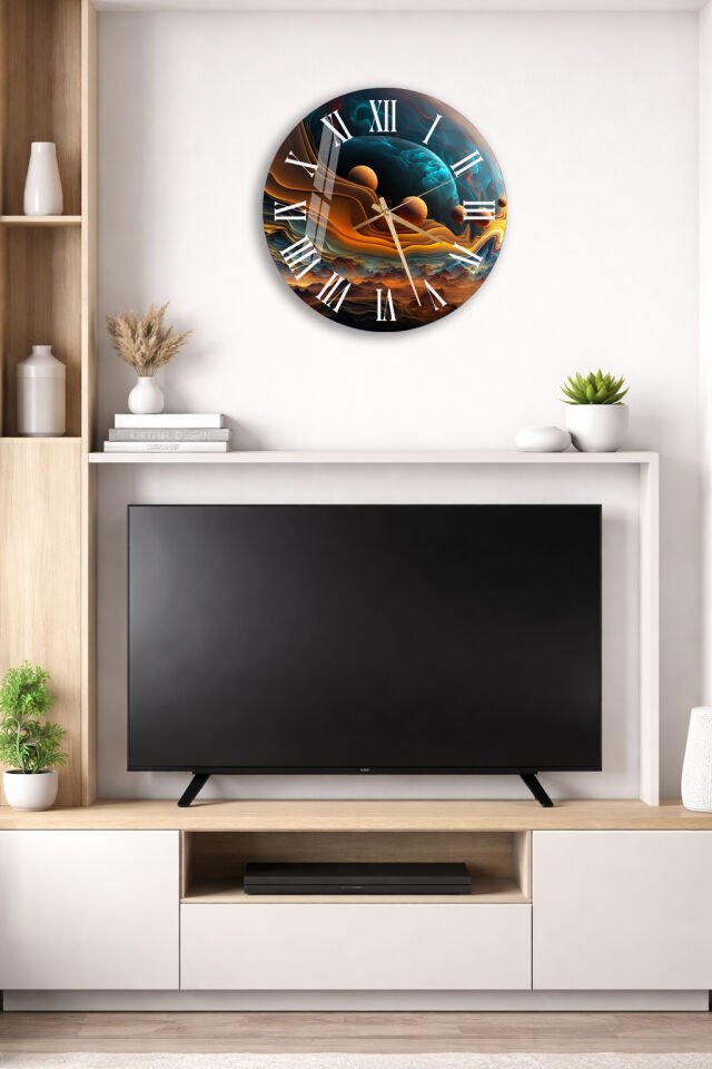 KIRILMAZ CAM DUVAR SAATİ, HEM TABLO HEM SAAT GEZEGEN VE GALAKSİ TEMALI SANATSAL EV OFİS HEDİYESİ