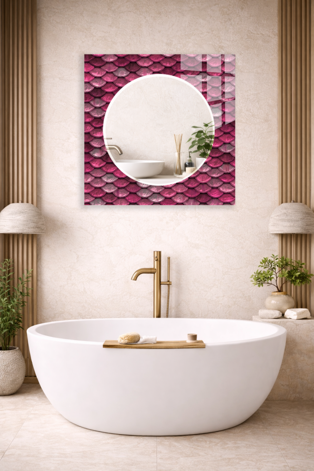 HEM TABLO HEM AYNA PEMBE PUL DOKULU 3D DESEN CAM DUVAR AYNASI EV DEKORU