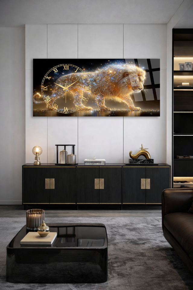 KIRILMAZ CAM DUVAR SAATİ , HEM TABLO HEM SAAT ALTIN ASLAN LÜKS TASARIM EV OFİS HEDİYESİ