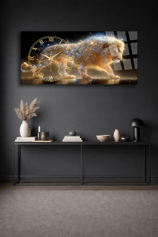 KIRILMAZ CAM DUVAR SAATİ , HEM TABLO HEM SAAT ALTIN ASLAN LÜKS TASARIM EV OFİS HEDİYESİ